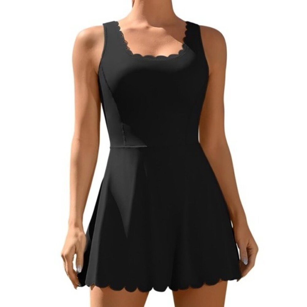 NEW Attarco Tennis Dress Women's Size XL Scallop Neck Fitted Black Racerback